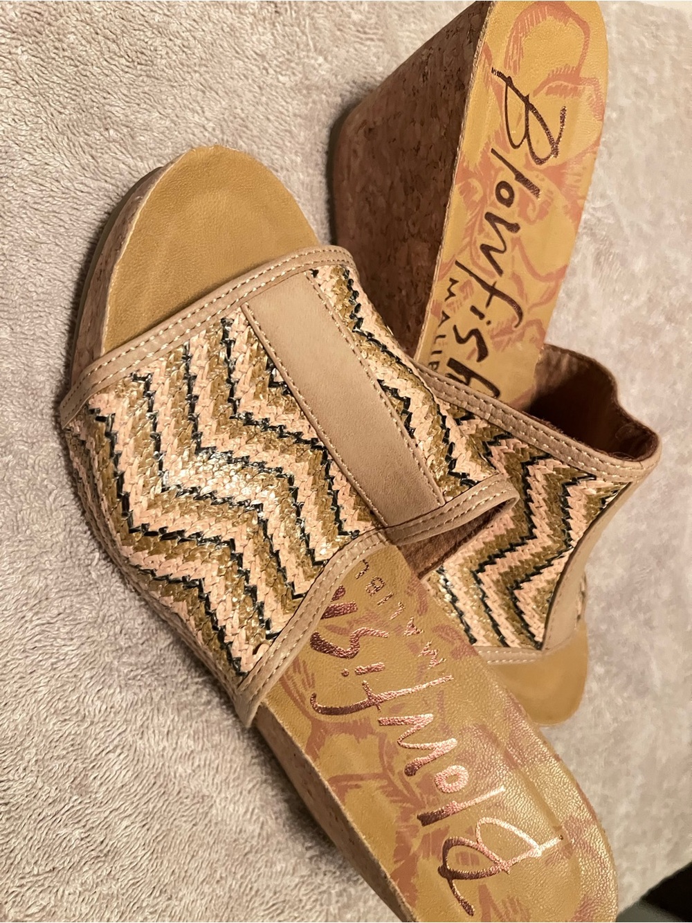 Blowfish Beige Chevron Wedge Slide Sandals